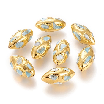 Golden Plated Brass Beads, with Natural Larimar Chips, Olive, 32x16.5x15.5~17mm, Hole: 1mm