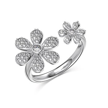 Flower Rhodium Plated 925 Sterling Silver Micro Pave Clear Cubic Zirconia Open Cuff Rings for Women, Real Platinum Plated, Inner Diameter: 16.2mm