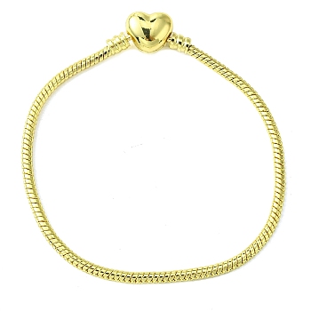 Brass Round Snake Chains with Alloy Heart Clasps Bracelets for Women, Long-Lasting Plated, Golden, 7-7/8 inch(20cm)