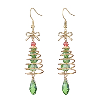 Christmas Tree with Bowknot Brass Wired Glass Dangle Earrings, with 304 Stainless Steel Earring Hooks, Silver, Lime Green, 69x15mm