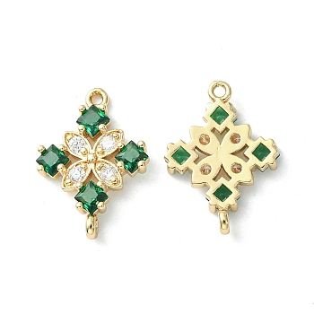 Brass Pave Cubic Zirconia Connector Charms, Light Gold, Rhombus Links, Green, 20x14x3mm, Hole: 1.2mm