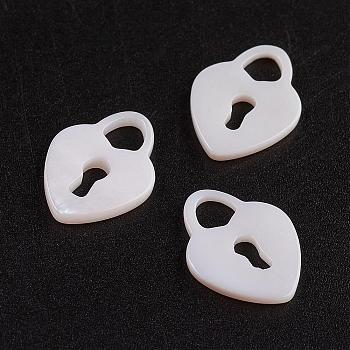 Natural White Shell Mother of Pearl Shell Charms, Padlock, 14.5x11x1.5mm, Hole: 4mm