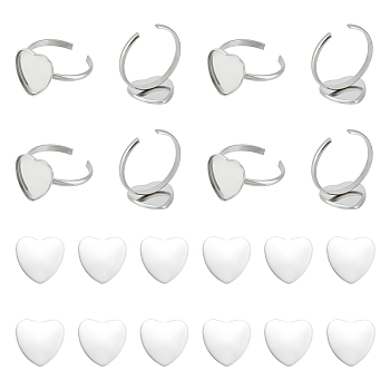 DIY Blank Heart Cuff Ring Making Kit, Including 304 Stainless Steel Bezel Cup Ring Settings, Glass Cabochons, Stainless Steel Color, 40Pcs/box