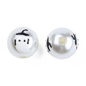 ABS Plastic Imitation Pearl Beads, with Enamel, Round with Ghost, White, 12.5x12x11.5mm, Hole: 2mm