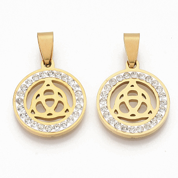 201 Stainless Steel Filigree Pendants, Flat Round with Triquetra, with Random Size Snap On Bails and Polymer Clay Crystal Rhinestones, Golden, 23x20x2.5mm, Hole: 8~10x3~5mm