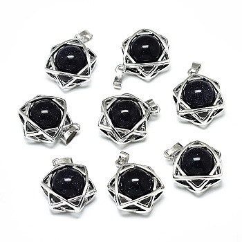 Synthetic Blue Goldstone Pendants, with Platinum Plated Brass Findings, Star of David, 19x15x10.5mm, Hole: 2.5x4.5mm