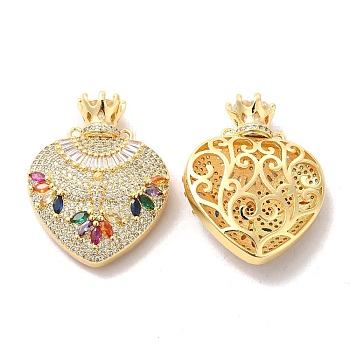 Brass Micro Pave Cubic Zirconia 2-Loop Pendants, Heart with Crown Charm, Golden, Colorful, 35x27.5x9.5mm, Hole: 1.5mm