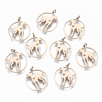 304 Stainless Steel Pendants, with Jump Rings, Laser Cut, Ring with Dog, Rose Gold, 16.5x15x1mm, Jump Ring: 3x0.4mm, 2.2mm inner diameter