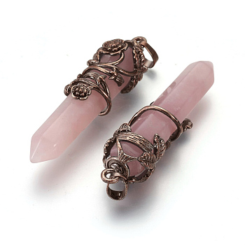 Natural Rose Quartz Pointed Pendants, with Red Copper Plated Brass Findings, Bullet, 57~60x16mm, Hole: 8x5mm