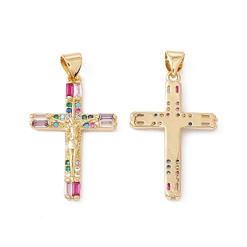 Rack Plating Brass Micro Pave Cubic Zirconia Pendants,  Cadmium Free & Nickel Free & Lead Free, Real 18K Gold Plated, Crucifix Cross, Colorful, 28x18x2mm, Hole: 5x3.5mm