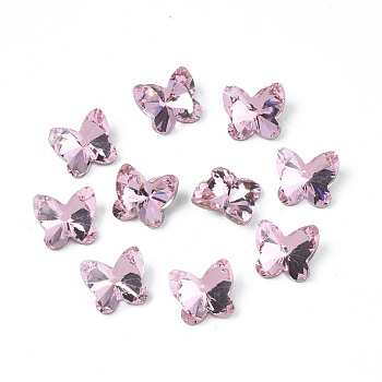 Pointed Back Glass Rhinestone Cabochons, Nail Art Decoration Accessories, Faceted, Butterfly, Pink, 9x10x5mm, about 500pcs/bag