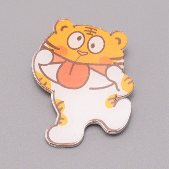 Tiger Grimacing Chinese Zodiac Acrylic Brooch, Lapel Pin for Chinese Tiger New Year Gift, White, Orange, 41.5x31x7mm