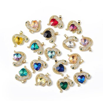 Real 18K Gold Plated Rack Plating Brass Micro Pave Clear Cubic Zirconia Pendants, with Glass, Long-Lasting Plated, Cadmium Free & Lead Free, Leopard with Heart Charm, Mixed Color, 24.5x25x8.2mm, Hole: 5x3.2mm