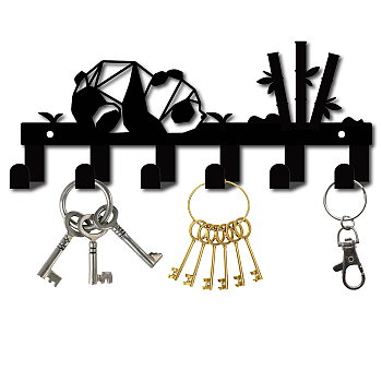 Iron Wall Mounted Hook Hangers, Decorative Organizer Rack with 6 Hooks, for Bag Clothes Key Scarf Hanging Holder, Panda Pattern, Gunmetal, 11x27cm