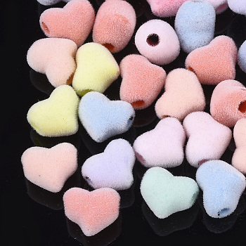 Flocky Acrylic Beads, Heart, Mixed Color, 9x11x8mm, Hole: 2.5mm