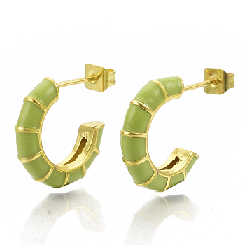 Brass Stud Earrings, Half Hoop Earrings, with Enamel and Earring Backs, Real 18K Gold Plated, Bamboo Shape, Yellow Green, 21x16.5x3.5mm, Pin: 0.7mm
