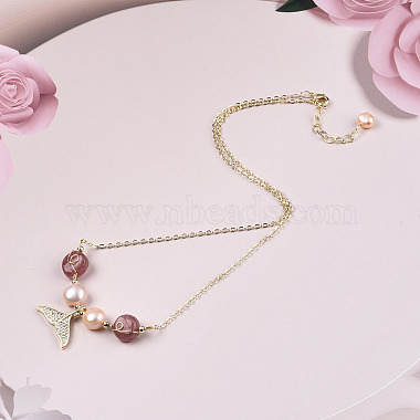 Natural Strawberry Quartz & Pearl Beaded Whale Tail Pendant Necklace with Brass Cable Chains for Women(NJEW-T015-02G)-2