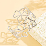 304 Stainless Steel Hollow Flower Outline Open Cuff Bangles for Women, Tarnish Free, Stainless Steel Color, Inner Diameter: 2.44x2.09 inch(6.2x5.3cm)(SA-CBABC9E-02P)