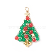 Natural Malaysia Jade Dyed Pendants, Green Red Christmas Tree Charms, with Golden Tone Copper Wire Wrapped, Green, 46x26.5x4.2mm, Hole: 3.5mm(PALLOY-JF02003)