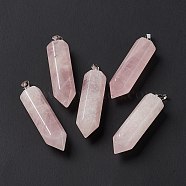 Natural Rose Quartz Double Terminated Pointed Pendants, with Platinum Tone Brass Findings, Bullet, 39x10x10mm, Hole: 3x6mm(G-G926-01P-08)