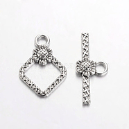 Tibetan Style Toggle Clasps, Lead Free & Cadmium Free & Nickel Free, Rhombus, Antique Silver Color, Size: Rhombus: about 21mm long, 15mm wide, 2mm thick, Bar: 24mm long, 10mm wide, 2mm thick, hole: 2mm(TIBEB-A101564-AS-FF)