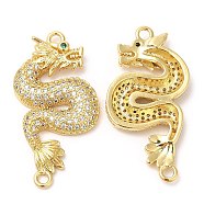 Brass Micro Pave Clear Cubic Zirconia Connector Charms, Lead Free & Cadmium Free, Dragon, Real 18K Gold Plated, 33x17x3.5mm, Hole: 2mm and 1.8mm(KK-Q775-08G)