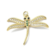 Rack Plating Real 18K Gold Plated Brass Micro Pave Cubic Zirconia Pendants, Long-Lasting Plated, Lead Free & Cadmium Free, Dragonfly, Green, 24x29.5x3.5mm, Hole: 2.5mm(KK-B084-14G)