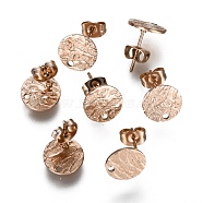 Ion Plating(IP) 304 Stainless Steel Stud Earring Findings, with Earring Backs & Loop, Textured, Flat Round, Rose Gold, 10mm, Hole: 1.2mm, Pin: 0.8mm(STAS-I157-11A-RG)