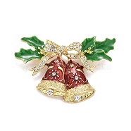 Colorful Enamel Christmas Bell Brooch with Crystal Rhinestone, Alloy Badge for Backpack Clothes, Golden, 42x66x12.5mm(JEWB-A004-06G)