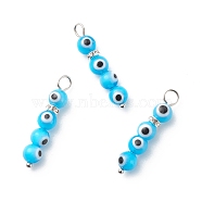 Handmade Evil Eye Lampwork  Pendants, with 304 Stainless Steel Ball Head Pins and Brass Rhinestone Spacer Beads, Round, Deep Sky Blue, 31.5x6mm, Hole: 3.5mm(PALLOY-JF01725-01)