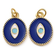 Brass Enamel Pendants, with Jump Ring, Real 18K Gold Plated, Oval with Eye Charm, Royal Blue, 18.5x13x1.8mm, Hole: 3.4mm(KK-K339-08G-01)