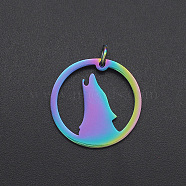 Ion Plating(IP) 201 Stainless Steel Pendants, Howling Wolf Pendants, with Jump Ring, Ring with Wolf, Laser Cut, Rainbow Color, 20x1mm, Hole: 3mm(STAS-R111-JA558)