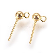 304 Stainless Steel Ball Stud Earrings Findings, with Loop, Round, Golden, 13.5~15x5.5mm, Hole: 1.6mm, Pin: 0.7mm(STAS-P227-17G)