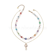 2Pcs 2 Style Natural Quartz Crystal Chips & Resin Evil Eye Beaded Necklaces Set, Rhinestone Tree of Life with Cross Pendant Necklaces for Women, Mixed Color, 15.63~17.76 inch(39.7~45.1cm), 1Pc/style(NJEW-JN04027)