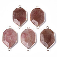 Natural Strawberry Quartz Links Connectors, with Edge Rose Gold Plated Brass Findings, Faceted, Polygon, 39~40x22~23x5~7mm, Hole: 2.5mm(G-S359-280D)
