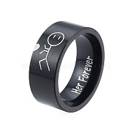 201 Stainless Steel Boy with Heart Finger Ring, Word Her Forever Promise Ring for Men, Electrophoresis Black, Inner Diameter: 17mm(RJEW-N043-13E)