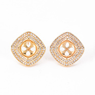 Brass Micro Pave Clear Cubic Zirconia Stud Earrings Findings, for Half Drilled Bead, Nickel Free, Fan, Real 18K Gold Plated, 16.5x16.5mm, Side Length: 15mm, Pin: 0.8mm, Pin: 0.8mm(for Half Drilled Bead)(KK-T062-127G-NF)