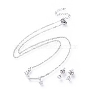 304 Stainless Steel Jewelry Sets, Brass Micro Pave Cubic Zirconia Pendant Necklaces and 304 Stainless Steel Stud Earrings, with Ear Nuts/Earring Back, Twelve Constellations, Clear, Aries, 465x1.5mm(SJEW-F211-01F-P)