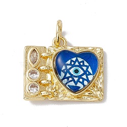 Brass Micro Pave Clear Cubic Zirconia Pendants, Rectangle with Heart Charm, with Eye Resin and Jump Rings, Lead Free & Cadmium Free, Real 18K Gold Plated, Royal Blue, 16x18.5x4.5mm, Hole: 4mm(KK-I692-05G-04)