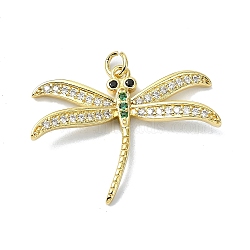 Rack Plating Real 18K Gold Plated Brass Micro Pave Cubic Zirconia Pendants, Long-Lasting Plated, Lead Free & Cadmium Free, Dragonfly, Green, 24x29.5x3.5mm, Hole: 2.5mm(KK-B084-14G)