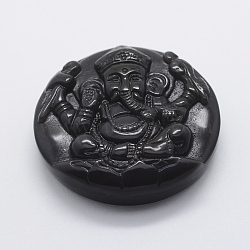 Carved Natural Obsidian Pendants, Flat Round with Hindu Elephant God Lord Ganesh Statue, 47x14mm, Hole: 1.5mm(G-E428-28)