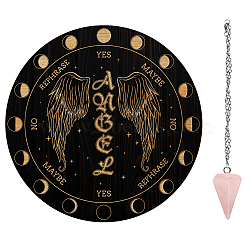 AHADEMAKER 1Pc 304 Stainless Steel Cable Chain Necklaces, with Lobster Claw Clasp and Extend Chains, with 1Pc Natural Rose Quartz Stone Pendants, 1Pc Carved Wooden Pendulum Boards, Wing Pattern, 3pcs/set(DIY-GA0004-19D)