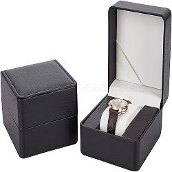 PU Leather Watch Boxes, with Pillow, Sauqre, Black, 11x10.1x7.3cm(CON-WH0086-031A)