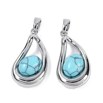 Synthetic Turquoise Teardrop Pendants, Brass Drop Charms, Platinum, 22.5x12.5x6.5mm, Hole: 4x2.5mm