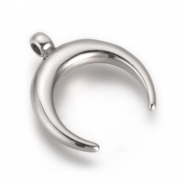 304 Stainless Steel Pendants, Double Horn/Crescent Moon, Stainless Steel Color, 28x24.5x5mm, Hole: 2.5mm
