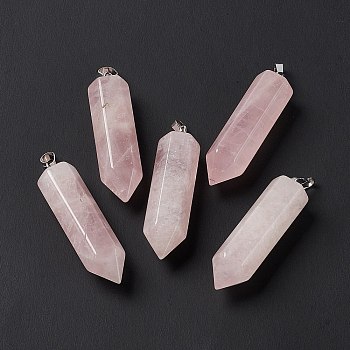 Natural Rose Quartz Double Terminated Pointed Pendants, with Platinum Tone Brass Findings, Bullet, 39x10x10mm, Hole: 3x6mm