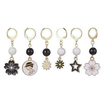 Alloy Enamel Pendant Decoration, with Natural Howlite and Black Agate Bead, Stainless Steel Findings, Mixed Shapes, Golden, 42~50mm, 6pcs/sst