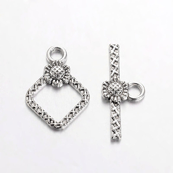 Tibetan Style Toggle Clasps, Lead Free & Cadmium Free & Nickel Free, Rhombus, Antique Silver Color, Size: Rhombus: about 21mm long, 15mm wide, 2mm thick, Bar: 24mm long, 10mm wide, 2mm thick, hole: 2mm