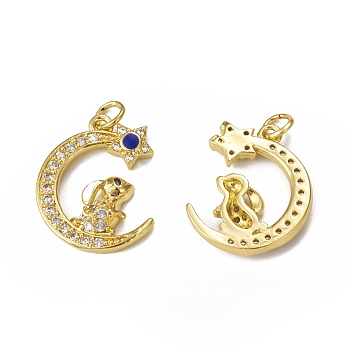 Brass Micro Pave Cubic Zirconia Pendants, with Jump Ring, Moon with Rabbit Charm, Golden, 20x15.5x3mm, Hole: 3mm