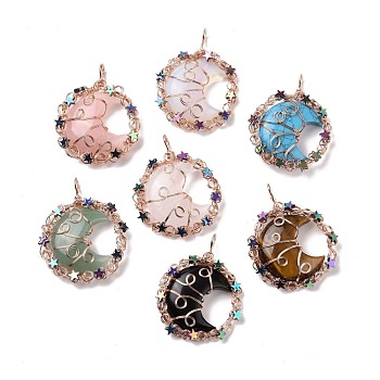 Natural & Synthetic Stone Big Pendants, with Rose Gold Tone Rack Plating Brass Findings and Star Non-magnetic Synthetic Hematite, Cadmium Free & Lead Free, Flat Round with Moon Charm, Mixed Dyed and Undyed, 56~58x42.5~45x10~10.5mm, Hole: 5mm